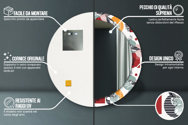 Espejo redondo marco con estampado decorativo Abstracción con pájaros