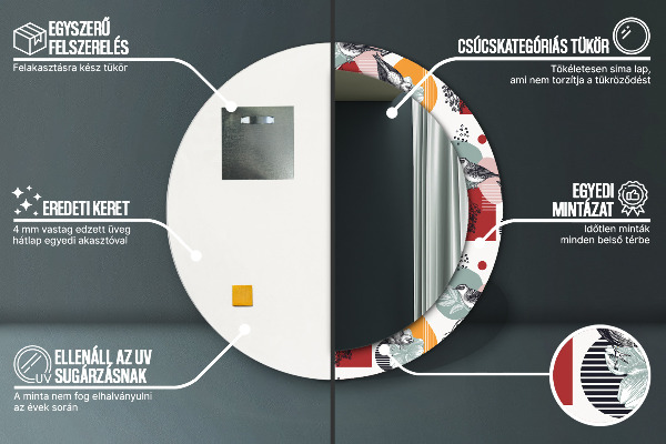 Espejo redondo marco con estampado decorativo Abstracción con pájaros