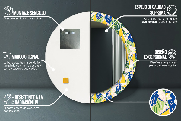 Espejo redondo con decoración Orquídeas azules y amarillas