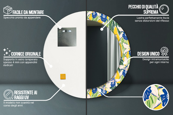 Espejo redondo con decoración Orquídeas azules y amarillas