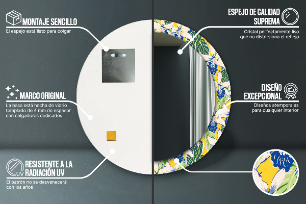 Espejo redondo con decoración Orquídeas azules y amarillas