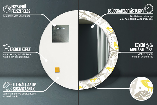 Espejo redondo marco con estampado decorativo Pájaros amarillos en las ramas