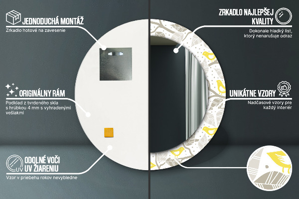 Espejo redondo marco con estampado decorativo Pájaros amarillos en las ramas