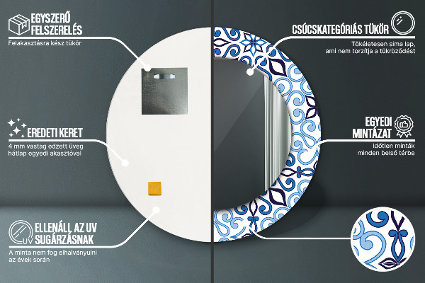 Espejo redondo marco con estampado decorativo Patrón árabe azul