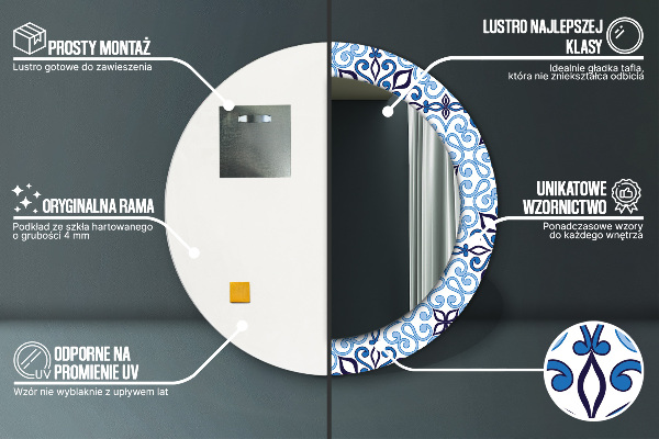 Espejo redondo marco con estampado decorativo Patrón árabe azul