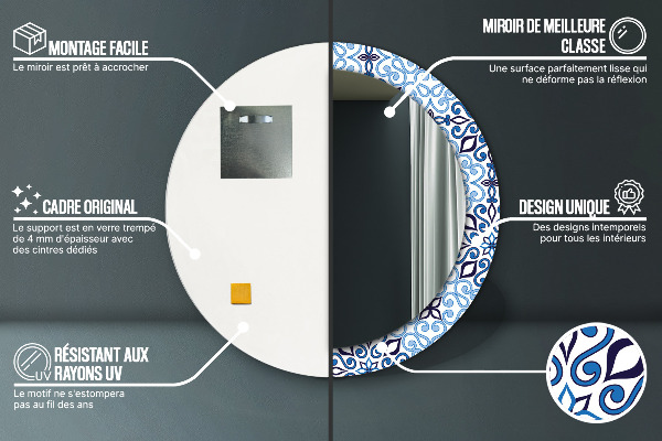 Espejo redondo marco con estampado decorativo Patrón árabe azul