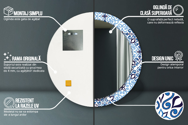 Espejo redondo marco con estampado decorativo Patrón árabe azul