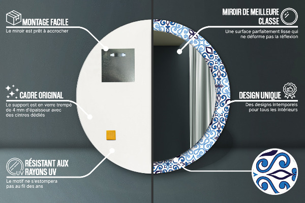 Espejo redondo marco con estampado decorativo Patrón árabe azul