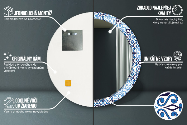 Espejo redondo marco con estampado decorativo Patrón árabe azul