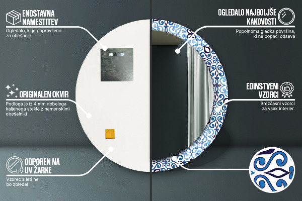 Espejo redondo marco con estampado decorativo Patrón árabe azul