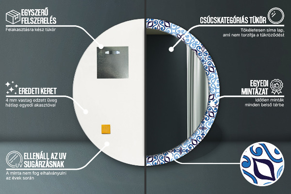 Espejo redondo marco con estampado decorativo Patrón árabe azul