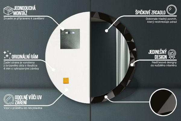 Espejo redondo marco con estampado decorativo Negro abstracto