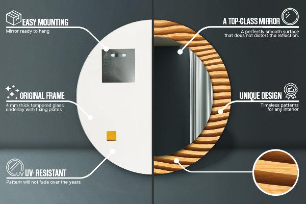 Espejo redondo marco con estampado decorativo Onda de madera