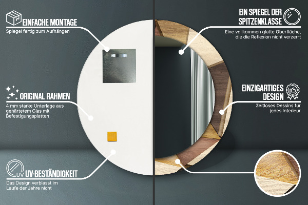 Espejo redondo impreso decorativo redondo Madera geométrica 3d