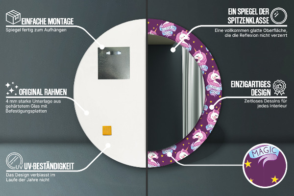 Espejo redondo impreso decorativo redondo Estrellas unicornio