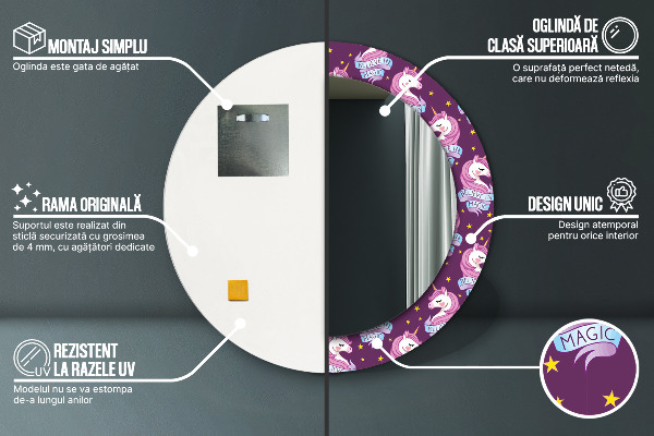 Espejo redondo impreso decorativo redondo Estrellas unicornio