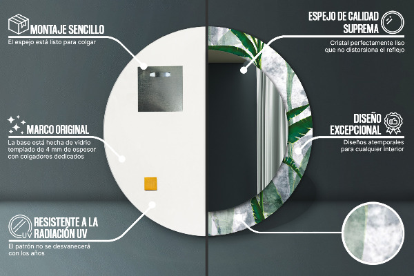 Espejo redondo marco con estampado decorativo Hojas tropicales