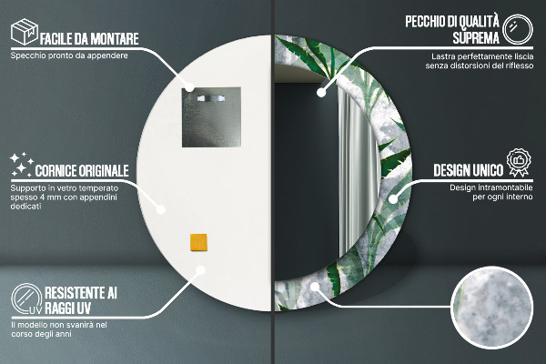 Espejo redondo marco con estampado decorativo Hojas tropicales