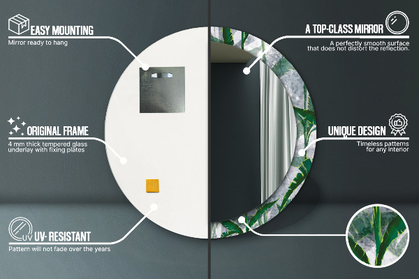 Espejo redondo marco con estampado decorativo Hojas tropicales