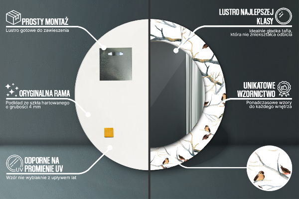 Espejo redondo impreso decorativo redondo Ramas de pájaros gorrión