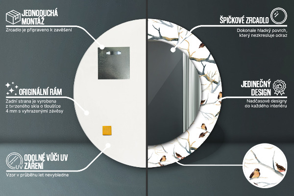 Espejo redondo impreso decorativo redondo Ramas de pájaros gorrión