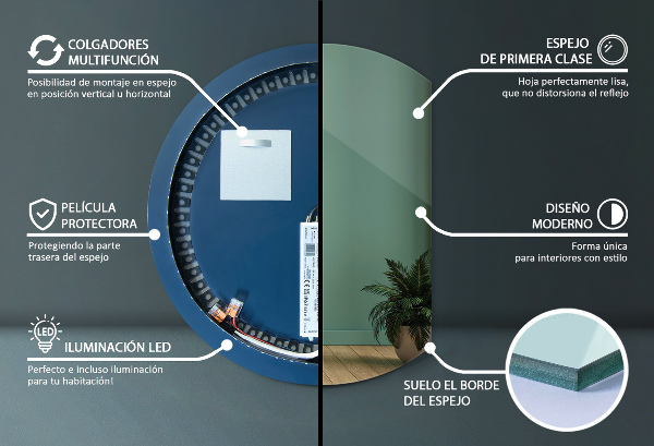 Espejo redondo con un lado cortado LED 84x100 cm