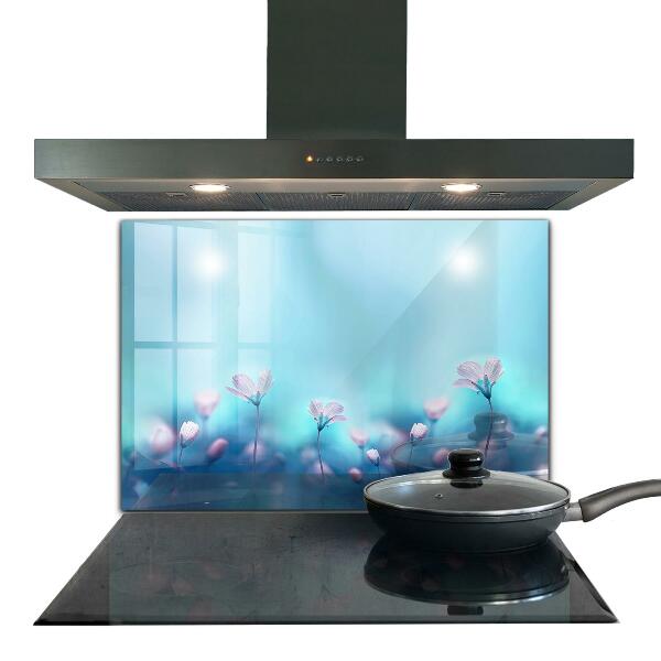 Paneles de vidrio para la cocina Flores detrás de la niebla de la mañana