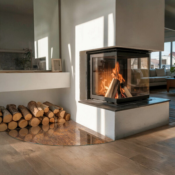 Cuarto de círculo placa protección suelo estufa Textura de óxido en el fondo.