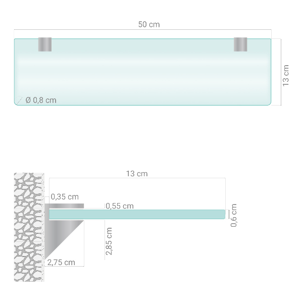 Repisa de pared de cristal translúcida de 50x13 cm