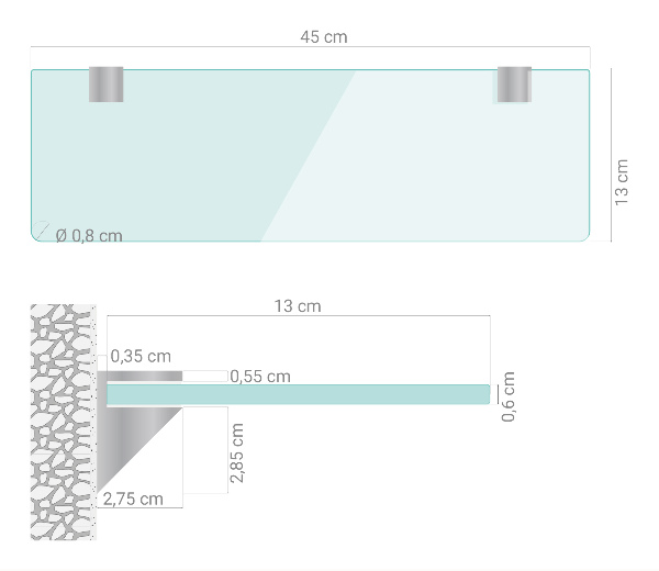 Estante mural de vidrio templado 45x13 cm