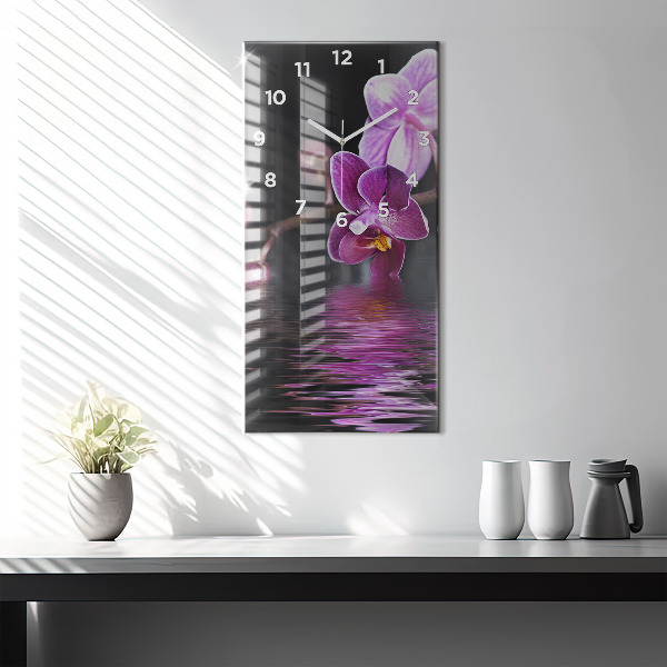 Reloj de vidrio vertical Flor de orquídea sobre el agua - espejomat.es