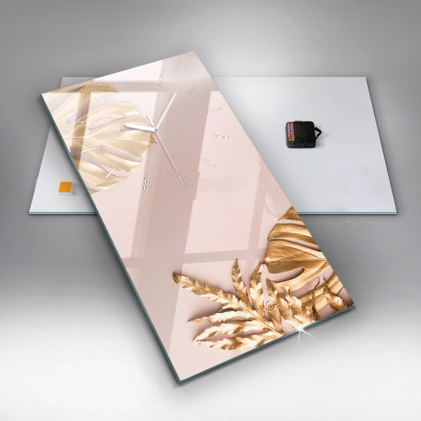 Reloj de cristal vertical Hojas tropicales doradas - espejomat.es