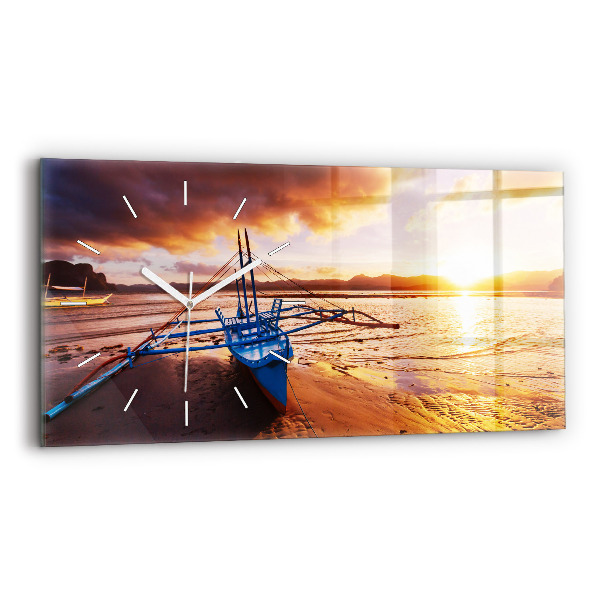 Reloj de cristal horizontal Barco y puesta de sol
