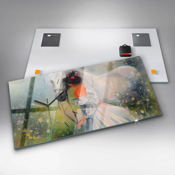 Reloj de cristal horizontal Hermosa mujer con un caballo