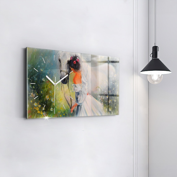 Reloj de cristal horizontal Hermosa mujer con un caballo