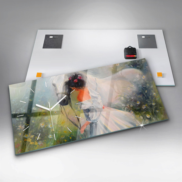 Reloj de cristal horizontal Hermosa mujer con un caballo