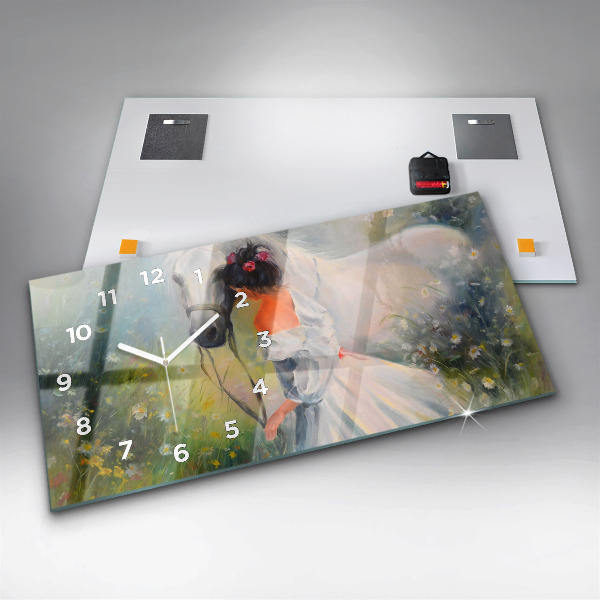 Reloj de cristal horizontal Hermosa mujer con un caballo