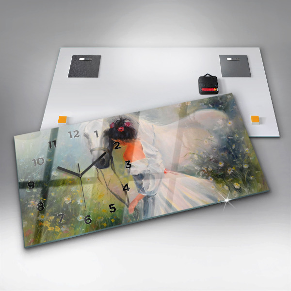 Reloj de cristal horizontal Hermosa mujer con un caballo