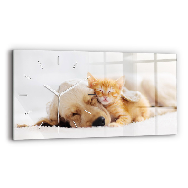 Reloj de cristal horizontal Gato y perro durmiendo
