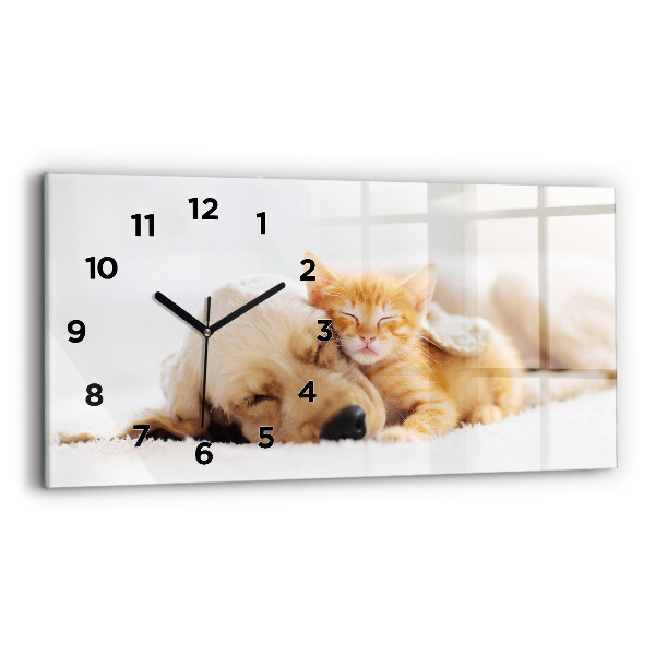 Reloj de cristal horizontal Gato y perro durmiendo