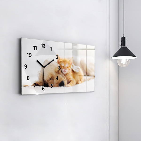 Reloj de cristal horizontal Gato y perro durmiendo