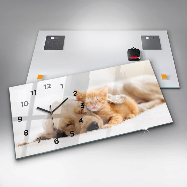 Reloj de cristal horizontal Gato y perro durmiendo