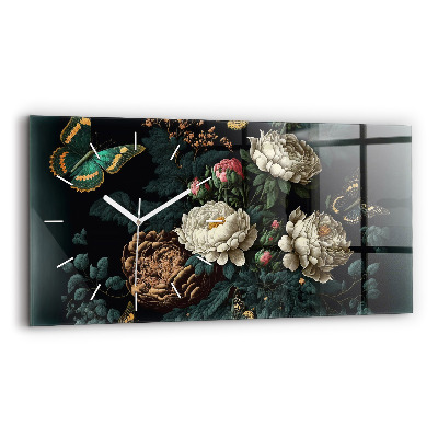 Reloj de cristal horizontal Flor y mariposas doradas