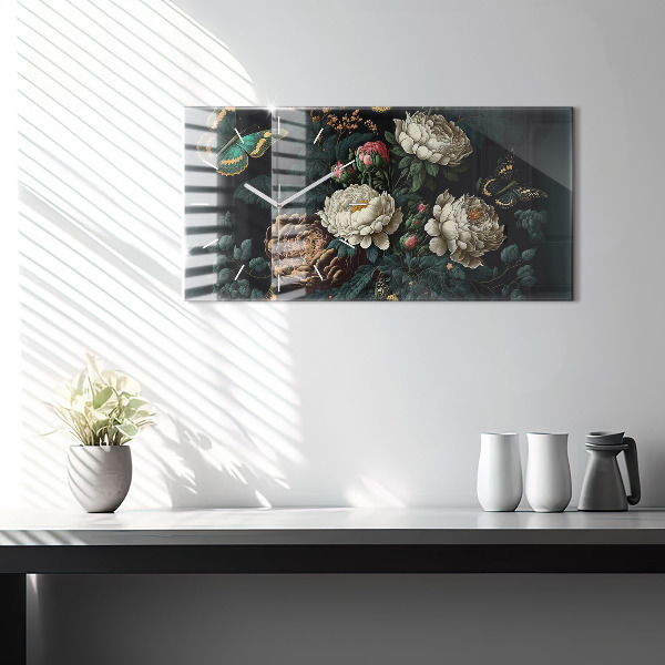Reloj de cristal horizontal Flor y mariposas doradas