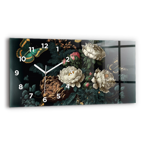 Reloj de cristal horizontal Flor y mariposas doradas