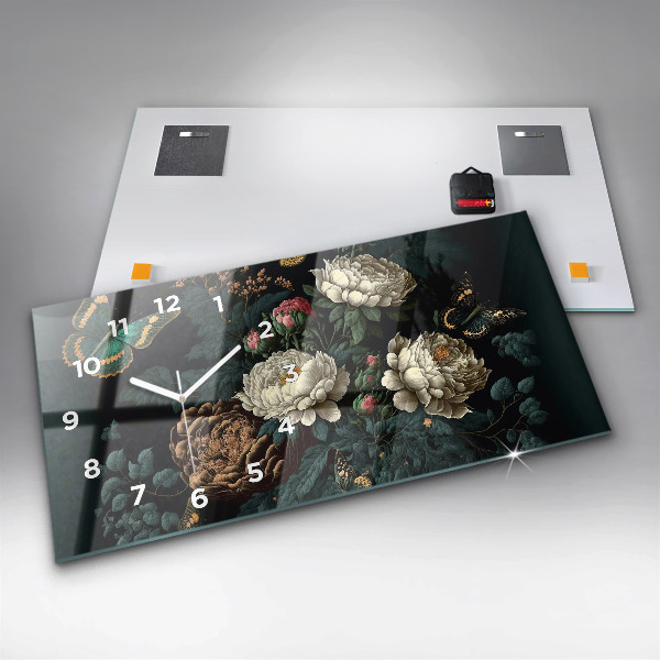 Reloj de cristal horizontal Flor y mariposas doradas