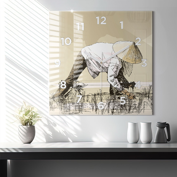 Reloj de pared cuadrado Mujer recogiendo arroz