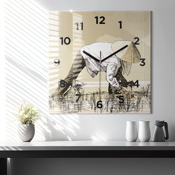 Reloj de pared cuadrado Mujer recogiendo arroz