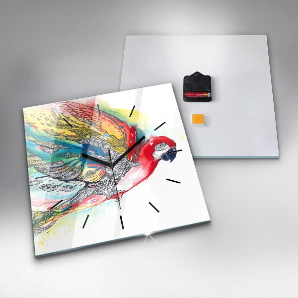 Reloj cuadrado Loro colorido en vuelo