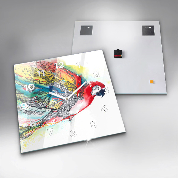 Reloj cuadrado Loro colorido en vuelo